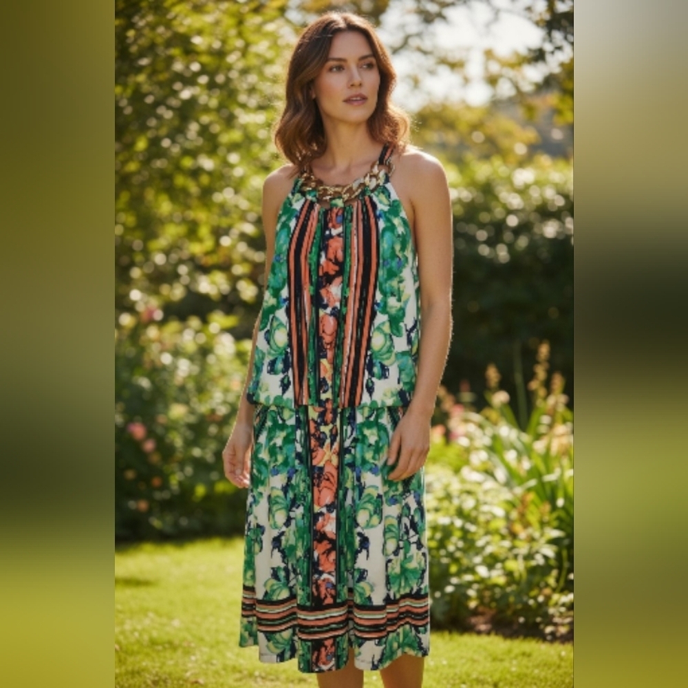Chetta B Green and Orange Floral Midi Dress - Picture 2 of 10
